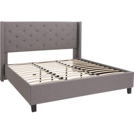 Lit double rembourré 180x200 cm gris avec sommier à lattes cadre en bois massif tête de lit capitonnée et clous décoratifs 040010072 (1/5)