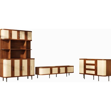 Conjunto de muebles para salón y comedor en MDF color nogal con aparadores, mueble TV y armario alto (1/5)