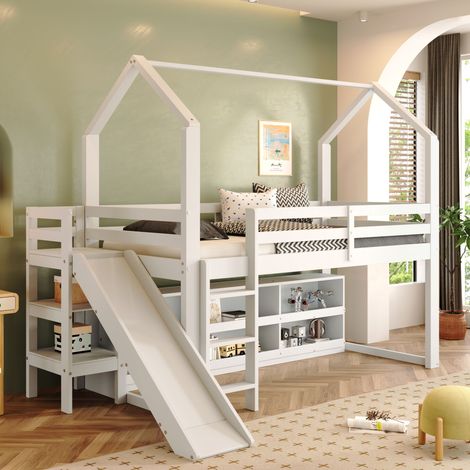 Lit mezzanine 90x200cm - avec toboggan + escalier + casier + étagère - en bois de pin et MDF - Blanc (1/5)