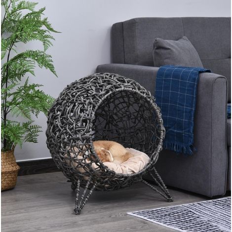 Katzenhaus aus Polyrattan mit Kissen, erhöhte Füße, Ø52 x 58 cm, silbergrau HAVRYA (1/4)