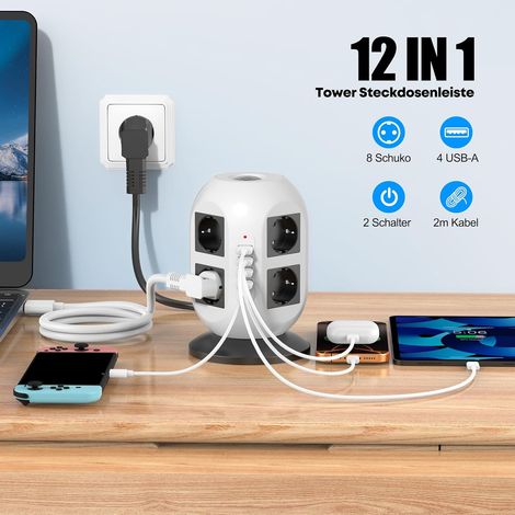 All-in-One-Steckdosenleiste: 8 AC-Steckdosen und 2 USB-Anschlüsse mit Überspannungsschutz, 2 m Kabel, Doppelschalter für Zuhause, Büro oder Studentenzimmer (Schwarz und Weiß)