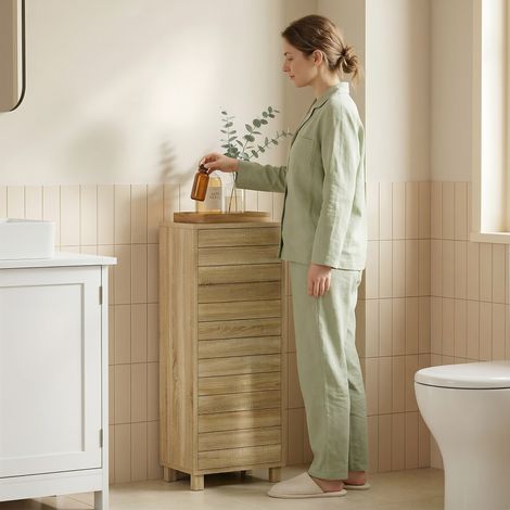 Meuble de Salle de Bain en Bois avec Étagère Réglable et Porte à Lamelles. Ouverture Pression. 34 x 23 x 84 cm. Naturel