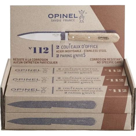 Display de 6 boîtes de 2 couteaux office 10 cm – Lame en acier inoxydable Sandvik – Manche en hêtre verni – Fabriqué en France – Opinel