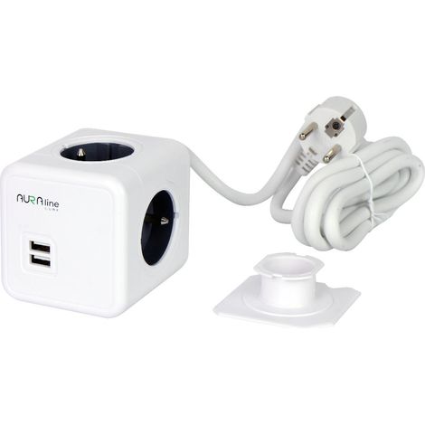Verlängerungskabel mit 4 Steckdosen + 2 USB-Anschlüssen (2,1 A/5 V), Aura Line Cube-Kabel (1,5 m, 16 A), Montagehalterung
