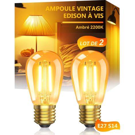 Ampoule LED E27 Vintage Décorative, 2W Équivalent 20W, Filament S14, 2200K Blanc Très Chaud (Ambre), Culot Doré, 155 Lumens, Non Dimmable, 230V, Lot de 2 (1/5)