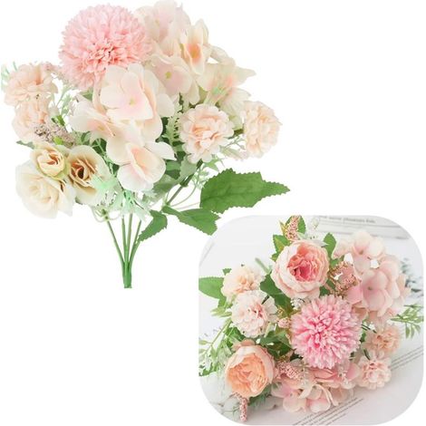 Bouquet di crisantemi e rose artificiali per composizione in vaso, 32 cm - Rosa
