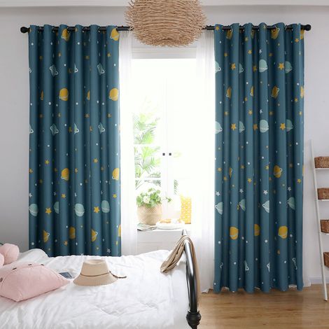 Rideaux en polyester à motif de planètes bleues de dessin animé, occultants, pour chambre ou salon (1 pièce) (1/5)