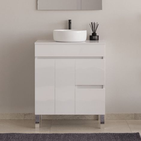 Meuble de salle de bain 70cm sur pieds avec plateau et une cuve à poser ronde - sans miroir - portes et tiroirs - blanc - HARO (1/5)
