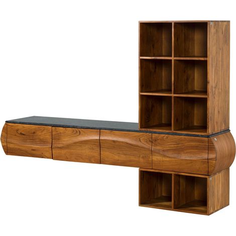 Wohnwand Akazie 204x40x145 natur lackiert / Marmor schwarz MONTREAL 142 (1/3)