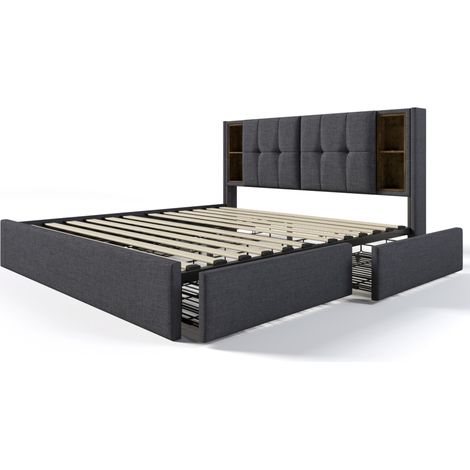 Cama doble tapizada 160x200 cm gris de lino con carga inalámbrica USB-C y 4 cajones (1/5)
