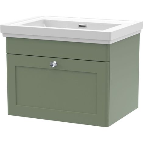 Swynnerton Traditional 1 Drawer Wall Hung Vanity Unit with Basin, Satin Green, 600mm (1/4)