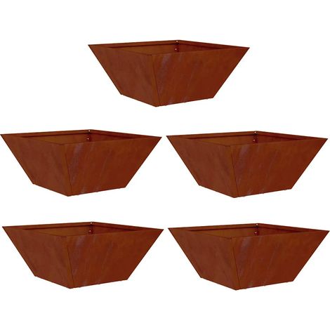 Lot de 5 cache-pots de jardin trapézoïdaux modernes 35 x 35 x 15 cm en métal rouillé