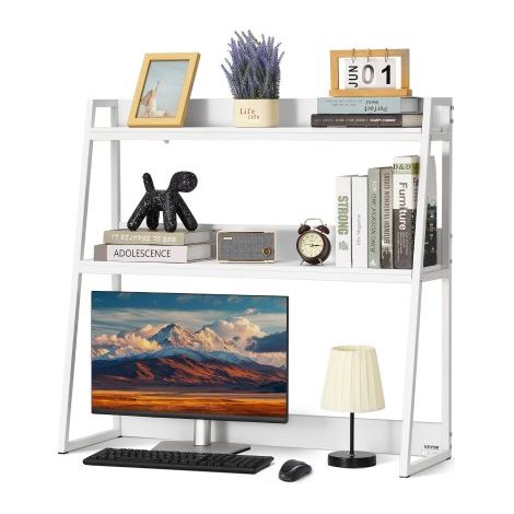 Schreibtisch Bücherregal 2-stufiger Organizer (95 x 32 x 90 cm) Tischregale Organizer Ausstellungsregal aus Spanplatten + Melaminpapier + Q195A, Regal mit rutschfesten Füßen, Büro Weiß (1/5)