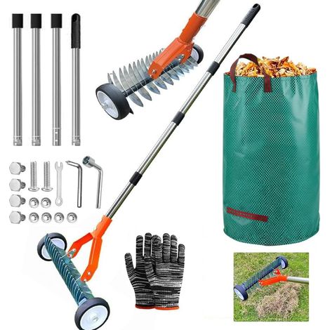 Manual Scarifier with Wheels, Verticutor with Handle 65 mm, Rake Aerator Garden Waste Bag, Adjustable Scarification Rake for Cleaning Dead Lawns and Garden Repair (1/5)