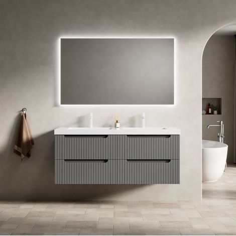 Mobile lavabo bagno sospeso con doppio lavabo integrato, 4 cassetti soft close, resina, grigio scuro (1/5)