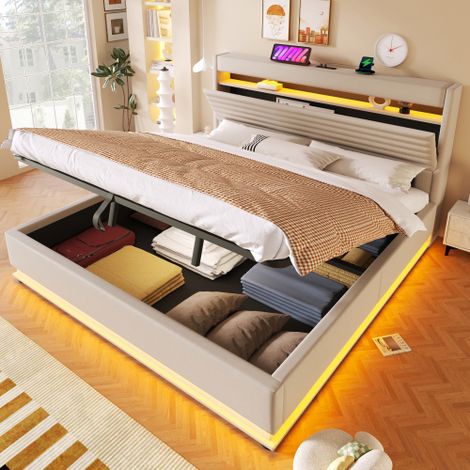 Letto imbottito, 180 x 200 cm, con porta di ricarica USB Type-C, illuminazione a LED, sospensioni idrauliche, vano portaoggetti ribaltabile, materasso non incluso, controllo tramite pulsante o app, li
