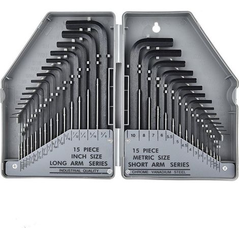 Innensechskantschlüssel-Set, 30 Innensechskantschlüssel in Zoll- und metrischen Größen von 0,7 bis 10 mm. Professionelle Innensechskantschlüssel (grau). (1/5)