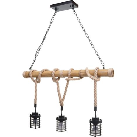Lámpara colgante estilo industrial vintage cuerda bambú metal negro 3x pantalla jaula 040004045 (1/5)