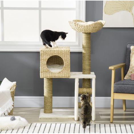 Árbol para gatos de madera aglomerada y felpa color natural con caseta, cama y escalera, para rascar y descansar, 57 x 37 x 100,5 cm (1/5)