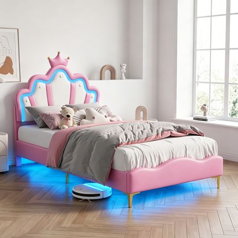 Lit simple rembourré  90x200cm avec tête de lit LED, Lit enfant 90x200cm avec sommier à lattes, Lit fille princesse, Design couronne et nuage, PU, Rose, sans Matelas (1/5)