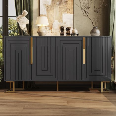 Aparador de 152 x 40 x 75 cm - Aparador con diseño geométrico 3D esculpido, con patas metálicas y tiradores de lujo - Negro (1/5)