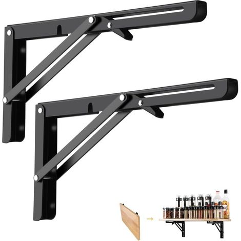 Équerre Pliante300mm, 2 Pièces Noir Support Console Pliants Pliable Rétractable, Pour étagères Charge Lourds