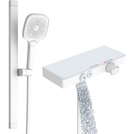 Colonne de douche thermostatique avec étagère en verre – Douchette à main 3 jets – Barre en aluminium 600mm – Finition blanche mate (1/5)