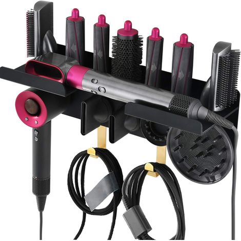 Soporte de pared 2 en 1 para secador y moldeador de pelo, organizador de almacenamiento. (1/5)