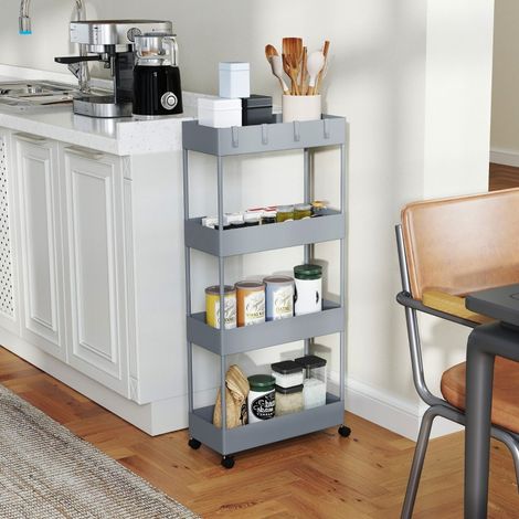 Chariot de cuisine à roulettes, étagère de rangement à 4 niveaux, avec freins, pour cuisine, chambre ou salon. En plastique gris, dimensions : 40 x 19 x 90 cm. (1/5)