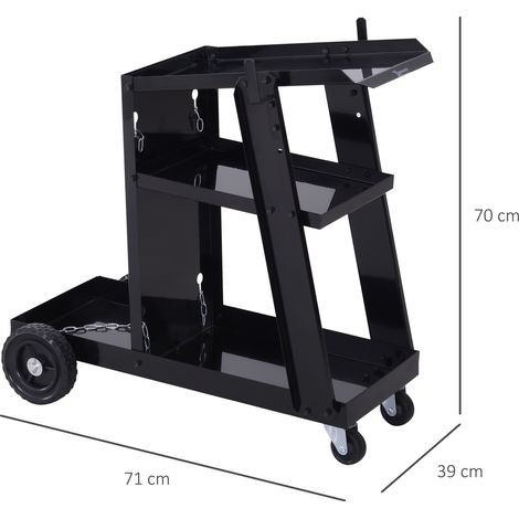 Chariot de soudage avec 3 étagères et chaîne de sécurité, chariot pour bouteille de gaz noir 71x39x70 cm, noir, acier (1/5)