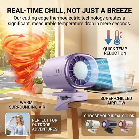Ventilador Portátil con Clip, Enfriamiento Semiconductor 16°C, 199 Velocidades Silencioso 30dB, Recargable USB – Ideal para Coche y Oficina (1/4)