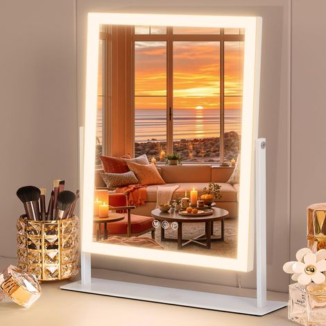 Miroir Maquillage Lumineux éclairage réglable 3 Couleurs 30x41cm Miroir Coiffeuse avec commande tactile intelligente grossissement x10 rotation à 360° fonction mémoire,Blanc (1/5)