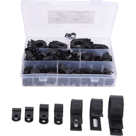 200 Stück Kabelklemmen aus Kunststoff und Nylon, Typ R, Typ P, Drahtclip-Befestigungselemente, Sortierbox (Schwarz) (1/5)