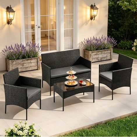 Conjunto de jardín 4 piezas 100x56x78 cm ratán PE negro, mesa de cristal – MEUBLIV (1/4)