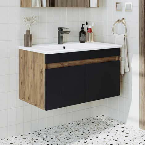 Meuble vasque suspendu 85 cm décor pin et gris 2 portes LAAN (1/5)