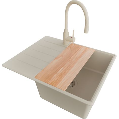 PRIMAGRAN Evier Cuisine en Granit 62x50cm, Lavabo 1 bac + Robinet 38x14cm + Kit de Vidage + Accessoire, Évier à Encastrer au meuble 45cm - Copenhague, Beige (1/5)