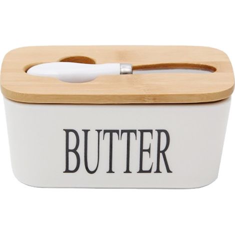 Boîte à beurre en céramique avec couvercle en bois et couteau, plateau de conservation pour fromage, récipient hermétique pour beurre.
