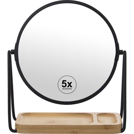 Miroir Rond avec Base 5 grossissements en métal et Bois en Noir et Naturel 18cm (1/2)