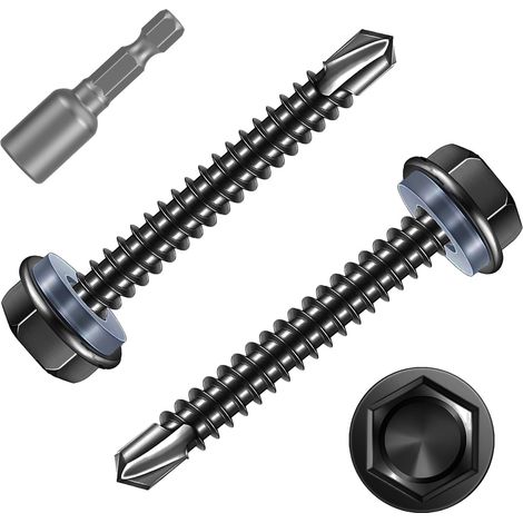 50 Pièces Vis Autoforeuse Metal Noir,M5,5x50mm Vis à Tôle Autotaraudese à Tete Hexagonale avec Rondelle et Autoperceuse Autoperforante Inox 410 avec 1 Bits pour Aluminium Bois Plastique. (1/5)