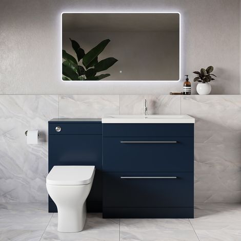 Napoli 390 Deep Blue 1300mm 2 Drawer Vanity Unit Toilet Suite with Glide Basin - 1300mm - Chrome 480mm HandleWith Kingston Toilet Pan and Seat