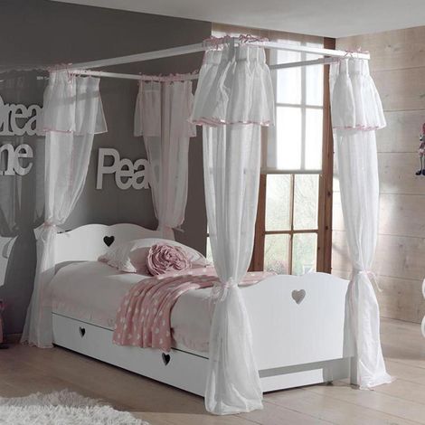 Pack - Lit à Baldaquin Enfant, Sommier, Tiroir & Voile "Amori" 90x200cm Blanc (1/5)