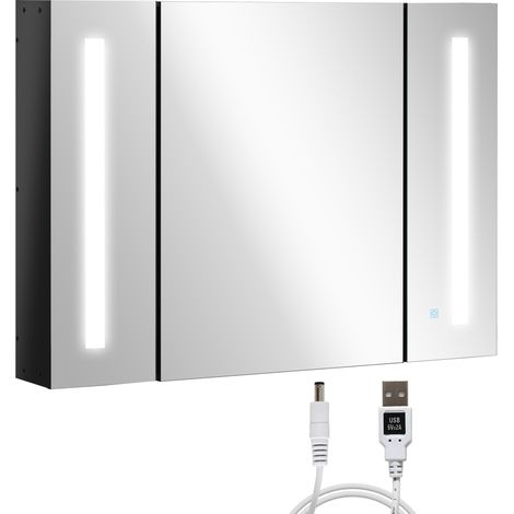 LED-Badezimmerschrank mit Spiegel, Wandmontage, dimmbare Helligkeit, Aufbewahrungsmöbel mit 3 Spiegeltüren und verstellbaren Einlegeböden, Memory-Funktion, USB-Ladeanschluss, Hochglanzschwarz