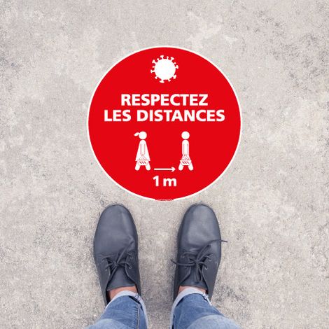 MARQUAGE AU SOL ADHESIVE COVID 19 CORONAVIRUS - RESPECTEZ LES DISTANCES - GESTES BARRIERES - Distance de 1m50 - Diamètre 250 mm (1/4)
