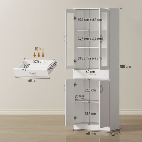 Meuble de cuisine, buffet avec étagère réglable, tiroir, 2 placards, armoire haute avec porte vitrée, 60 x 35 x 180 cm, blanc (1/5)