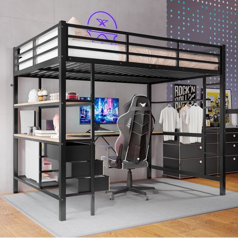 MEUBLIV Hochbett 140x200 cm schwarz – Schreibtisch, LED und Stauraum, ohne Matratze (1/5)