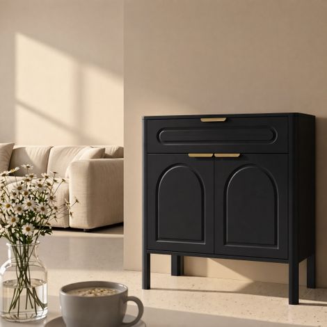 Buffet Noir avec Design en Arc 75 x 36 x 78,5 cm, 1 Tiroir et 2 Portes, Poignées Dorées, Coins Arrondis, Bois Ingénierie, pour Entrée et Salon (1/5)