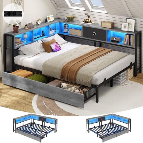 Jugendbett 140x200 mit LED, Ladestation & Stauraum (1/5)