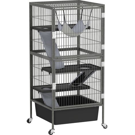 Cage 4 niveaux petits animaux rampes plateformes hamac roulettes habitat rongeurs gris 52 x 52 x 115 cm