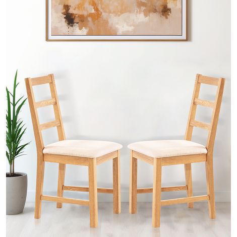 Hallowood Furniture Oak Dining Chairs Set of 2 with Natural Beige Linen Fabric Seat Pad, Modern & Stylish Ladder Back Solid Oak Wooden Small Kitchen Dining Room Chairs for Home, Restaurant and Café