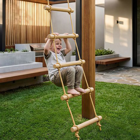 Échelle en corde enfants échelle grimpe à 5 marches 2 mousquetons 2 sangles d’arbre 3 à 8 - Dimensions: 40x3,5x180 cm - Couleur: Naturel